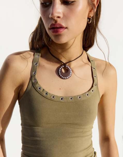 Bershka - Brun halskæde i snor med vedhæng med nitter - view 1