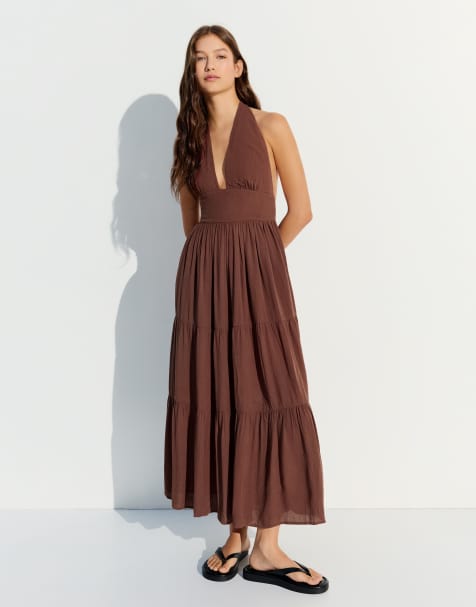 Bershka - Brun lang rustik kjole med halterneck - view 1