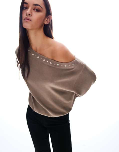 Bershka – Brun, stickad tröja med nitar - view 1