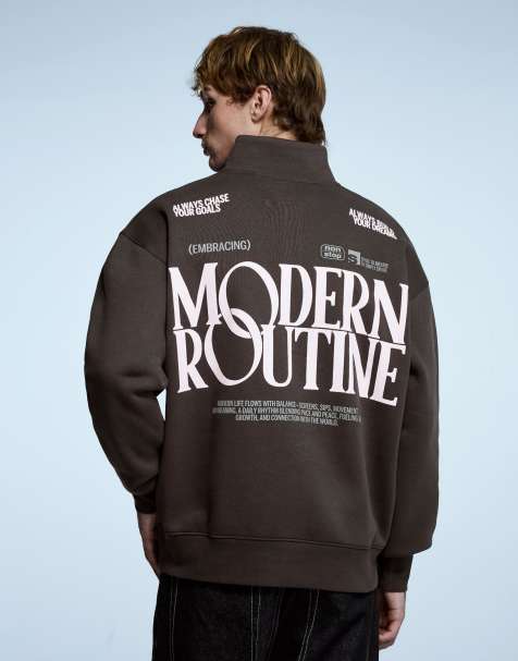 Bershka – Brun sweatshirt med tryck och kvartslång dragkedja - view 1