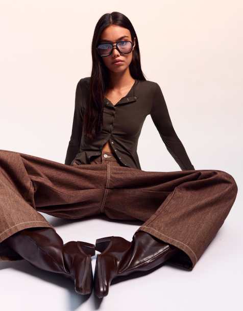 Bershka – Brun t-shirt med långa ärmar och knappar - view 1