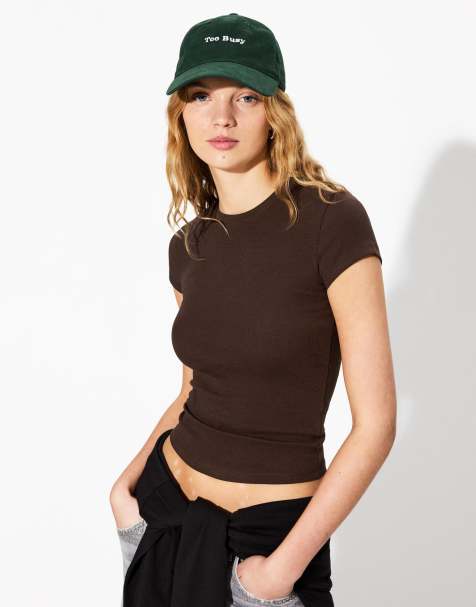 Bershka - Brun T-shirt med rund hals og korte ærmer - view 1