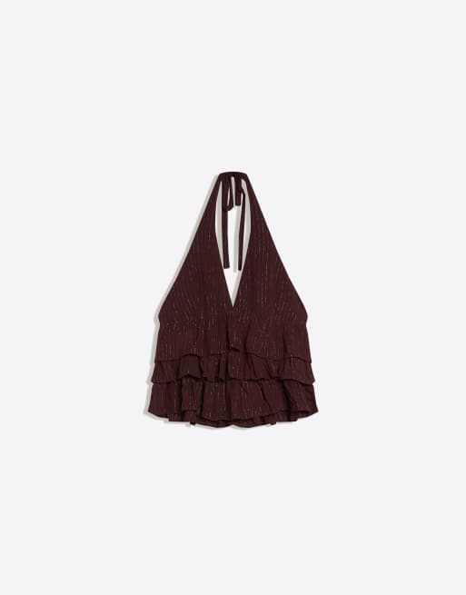 Bershka - Brun top med glimmer og flæser, 5 af 6