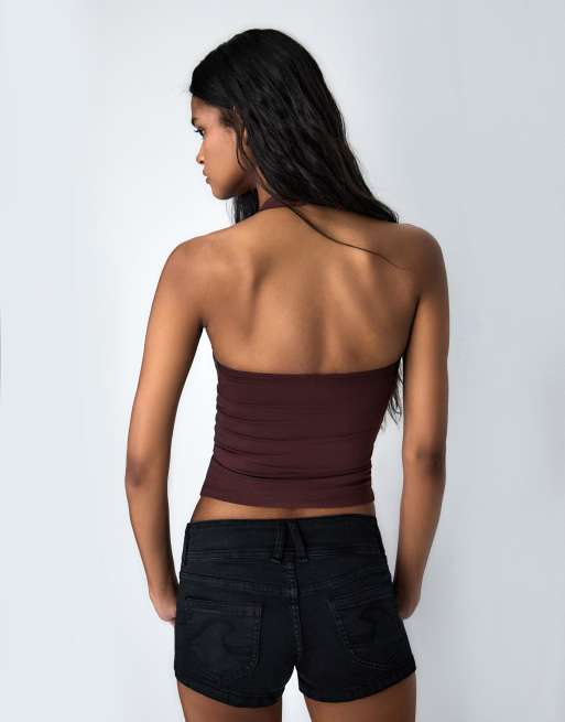 Bershka - Brun top med halterneck og knapper, 2 af 4