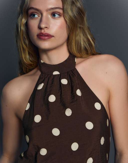 Bershka - Brun top med halterneck og polkaprikker, 3 af 4