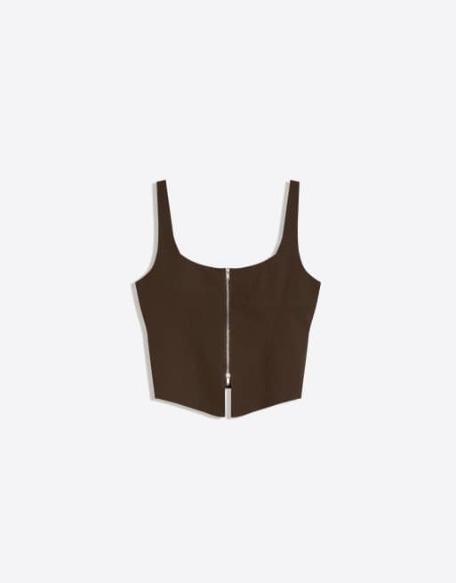 Bershka - Brun top med lynlås og stropper, 4 af 4