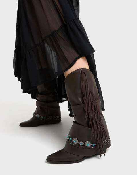 Bershka – Bruna, högklackade boots i cowboystil med fransar - view 1