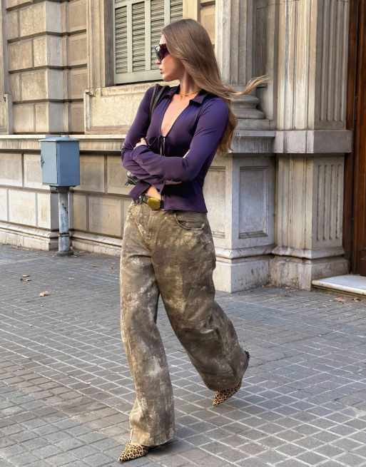Bershka - Brune bukser med tøndeformede ben og print, 3 af 5