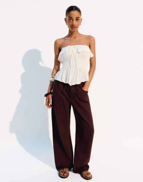 Bershka - Brune lette jeans med vide ben - view 1