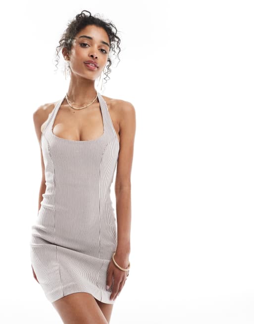 Bershka - Brunstribet minikjole i bengalin med halterneck