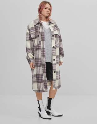 BERSHKA BRUSHED LONGLINE OVERSHIRT SHACKET IN LILAC PLAID-PURPLE