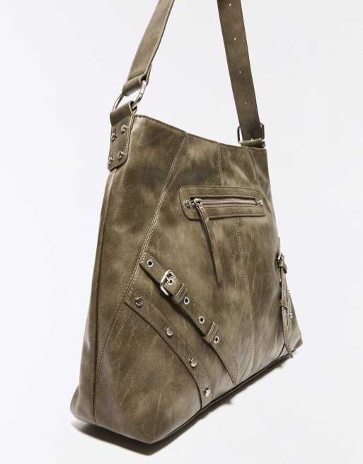 Bershka Bucket Bag in Lederoptik mit Schnallen in Beige, 2 von 5