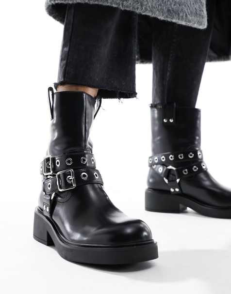 Womens Biker Boots, Leather, Lace Up, and Straps