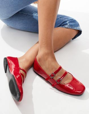 Bershka buckle detail ballet pumps in red