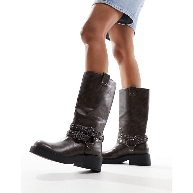 Bershka buckle detail calf length boots in black