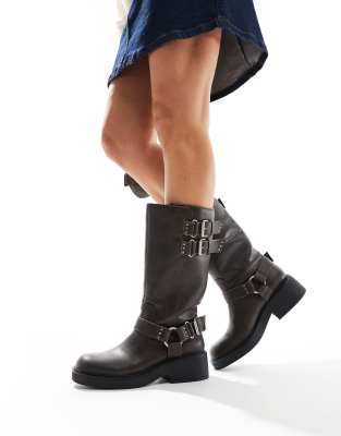 Bershka Buckle Detail Calf Length Boots In Brown