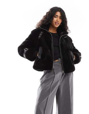 Bershka Buckle Detail Faux Fur Jacket In Black