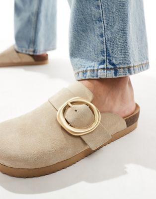  buckle detail flat mules in sand