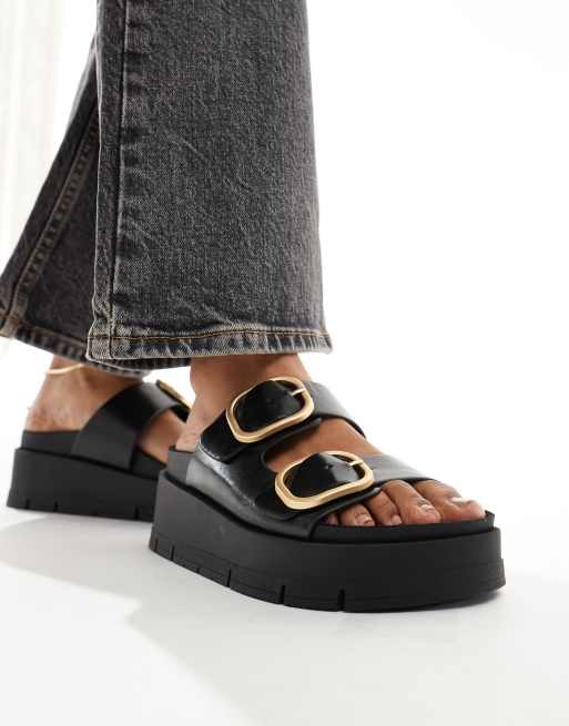 Bershka buckle detail flatform sandals in black