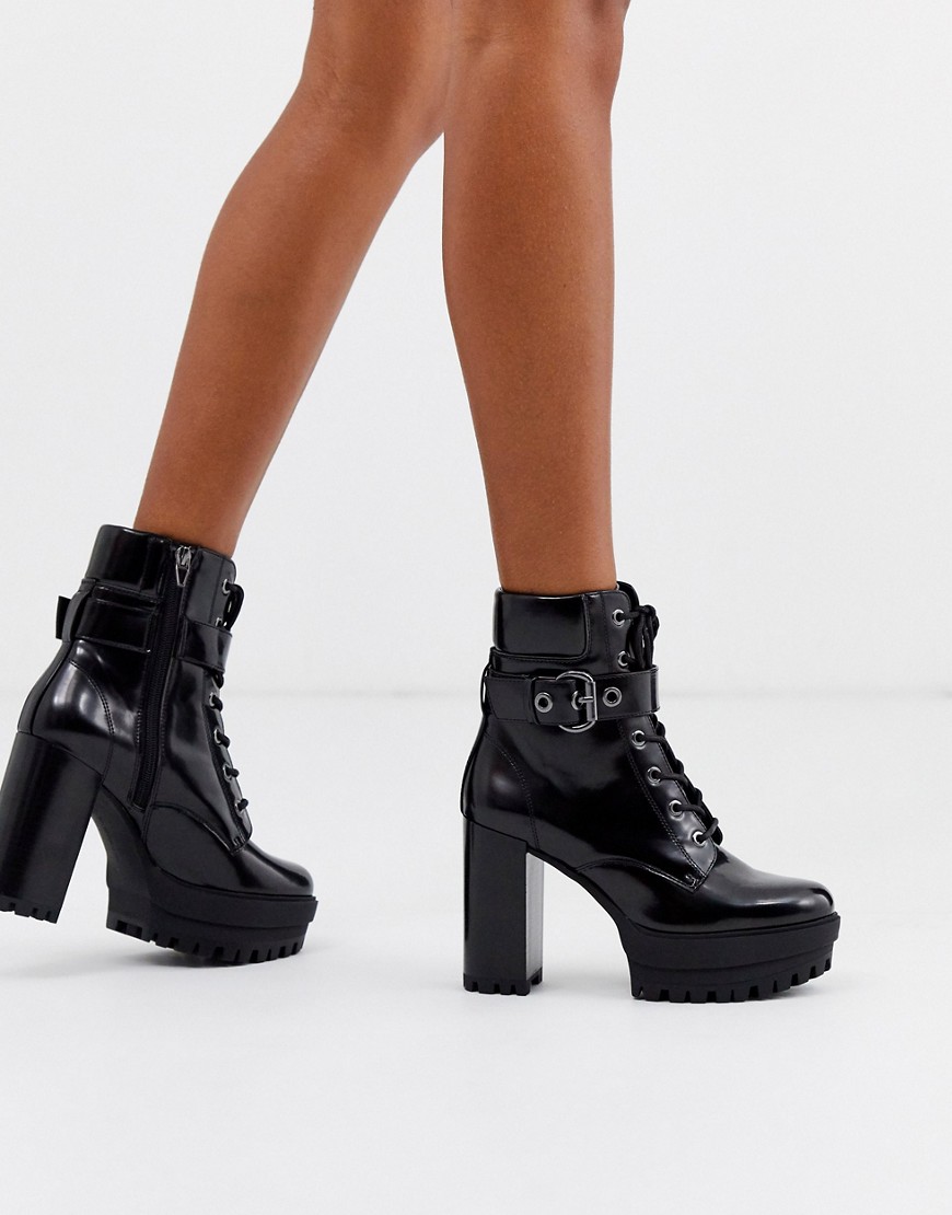 Bershka buckle detail heeled boots in black