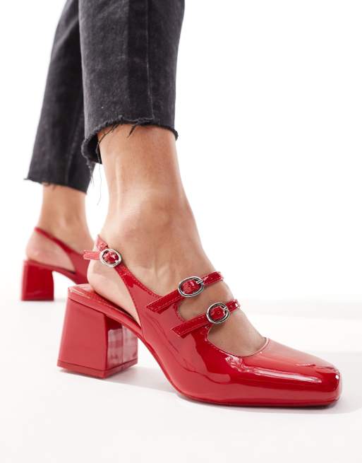 Mary Jane Peep Toe Shoes Red with Bow 