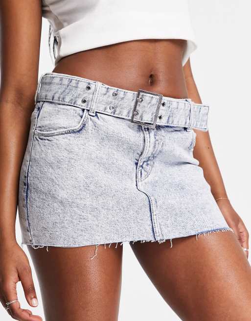 Bershka buckle detail low waist mini skirt in light blue