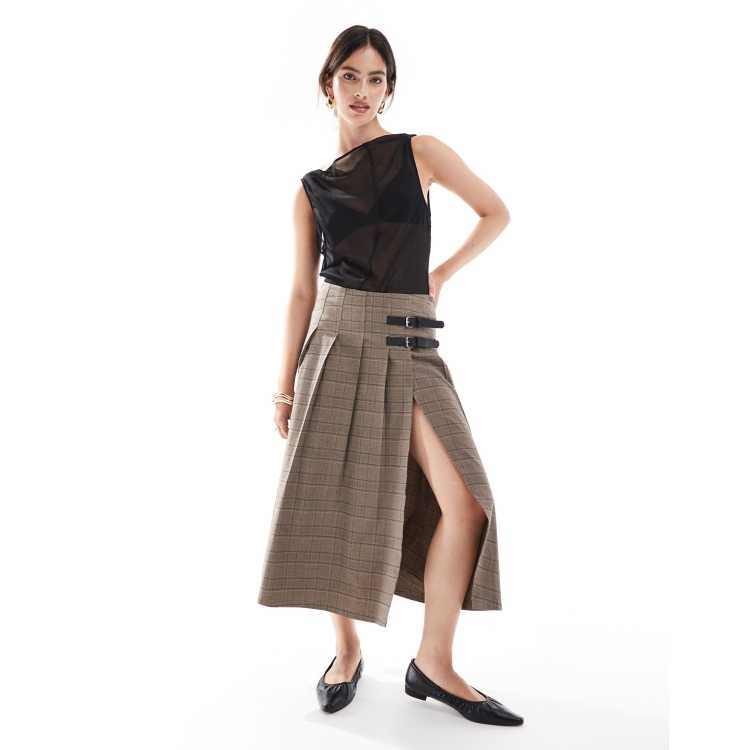 【BAON】Poichi Brushed Banding Check Pleats Midi Skirt 207289958-1-brown?$n_750w$&wid