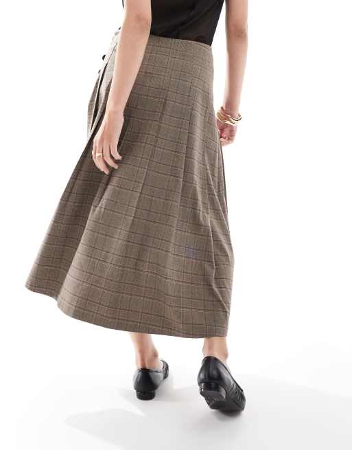 Bershka buckle detail pleated midi skirt in brown check | ASOS