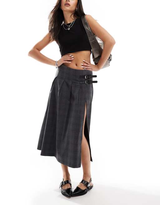 Bershka buckle detail pleated midi skirt in gray plaid