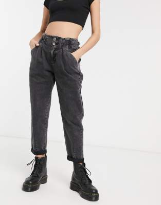 Bershka buckle detail slouchy trouser in black