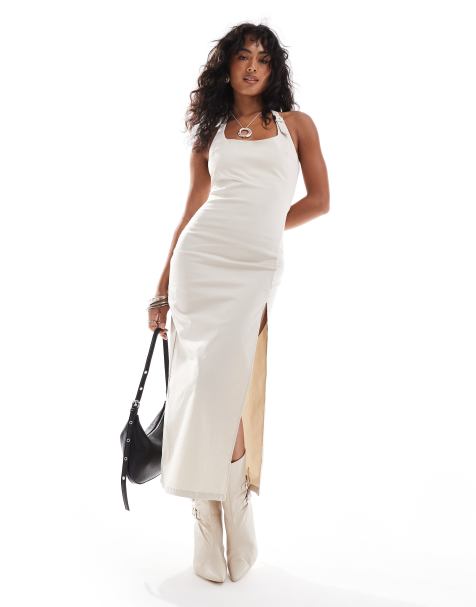 Bershka buckle detail tailored midaxi dress in sand - view 1
