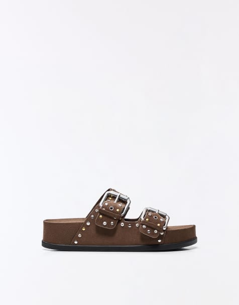 Bershka Buckle flat slider sandals in brown - view 1