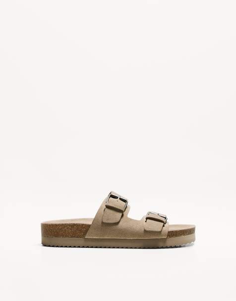 Bershka buckled flat slider sandals in beige - view 1