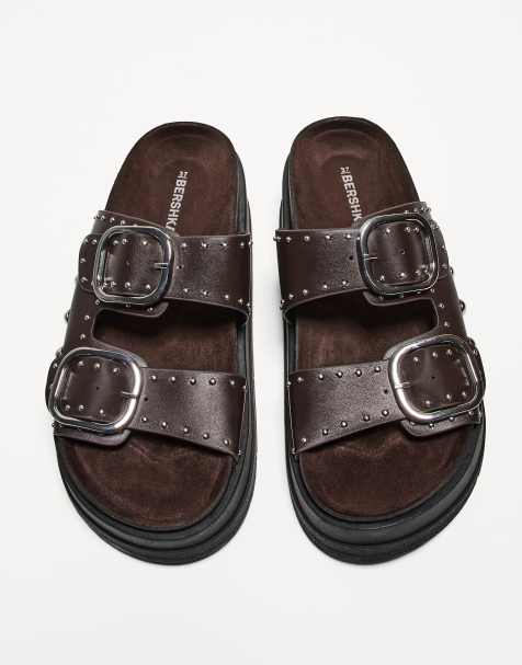 Bershka buckled platform sandals with stud details in brown - view 1