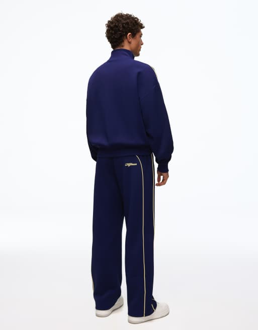Bershka bukser med brede ben i piqué med piping i navy, 3 af 5