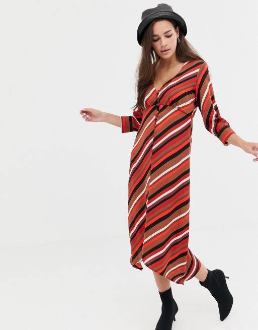 Bershka Bunt Gestreiftes Schalkleid Mit Knopfleiste Vorne Org