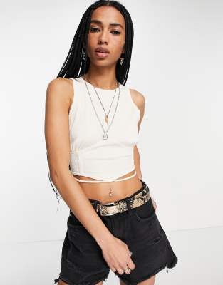 Bershka bust seam crop top with wrap around detail in cream | ASOS