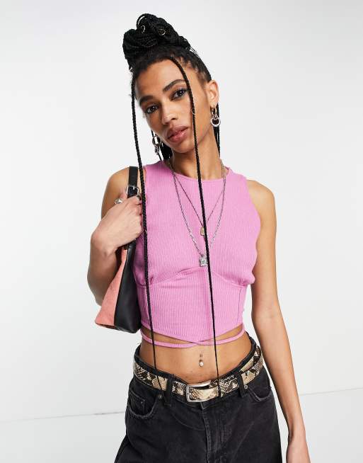 Bershka bust seam crop top with wrap around detail in lilac