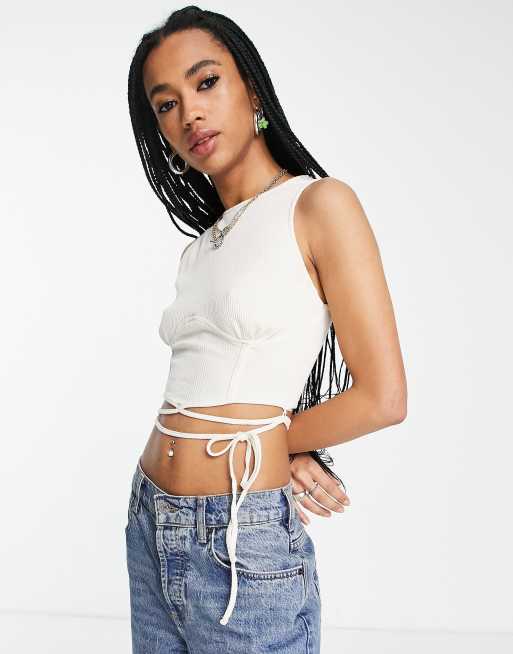 Bershka bust seam crop top with wraparound detail in cream | ASOS