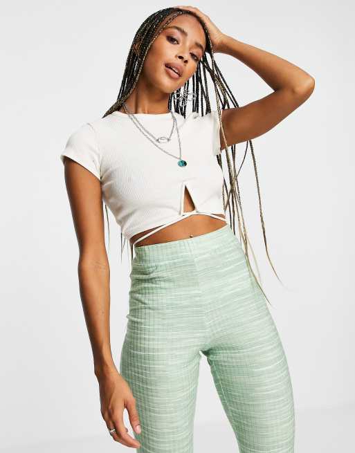 Bershka bust seam wrap around crop top in white