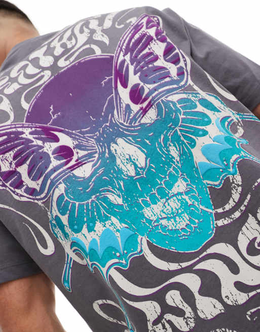 Bershka butterfly back printed t-shirt in gray