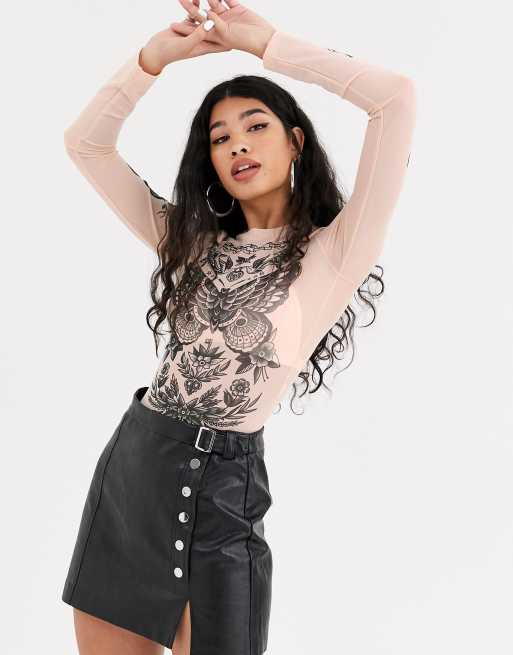 Bershka butterfly motif long sleeve body in pink | ASOS