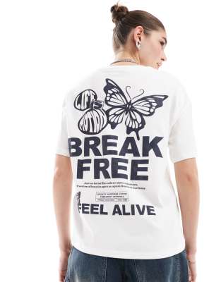 Bershka Butterfly Print Oversized T-shirt In Ecru-neutral