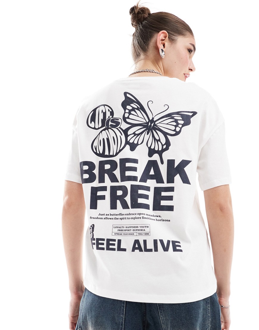 Bershka butterfly print oversized t-shirt in ecru-Neutral