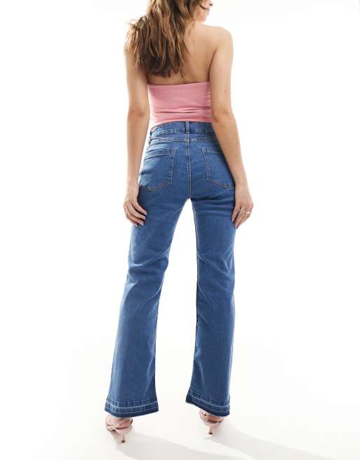 Bershka button detail ankle length straight leg jeans in mid wash blue