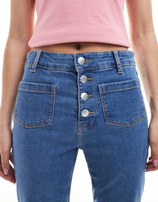 Bershka button detail ankle length straight leg jeans in mid wash blue