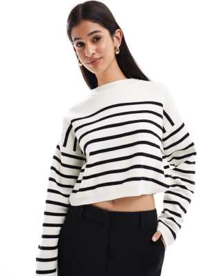 Bershka button detail jumper in ecru & black stripe