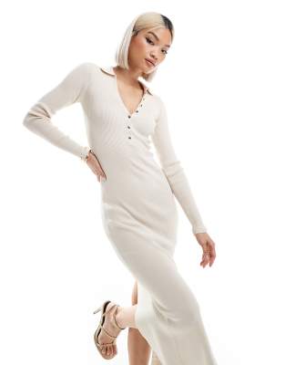 button detail polo neck knitted maxi dress in ecru-Neutral