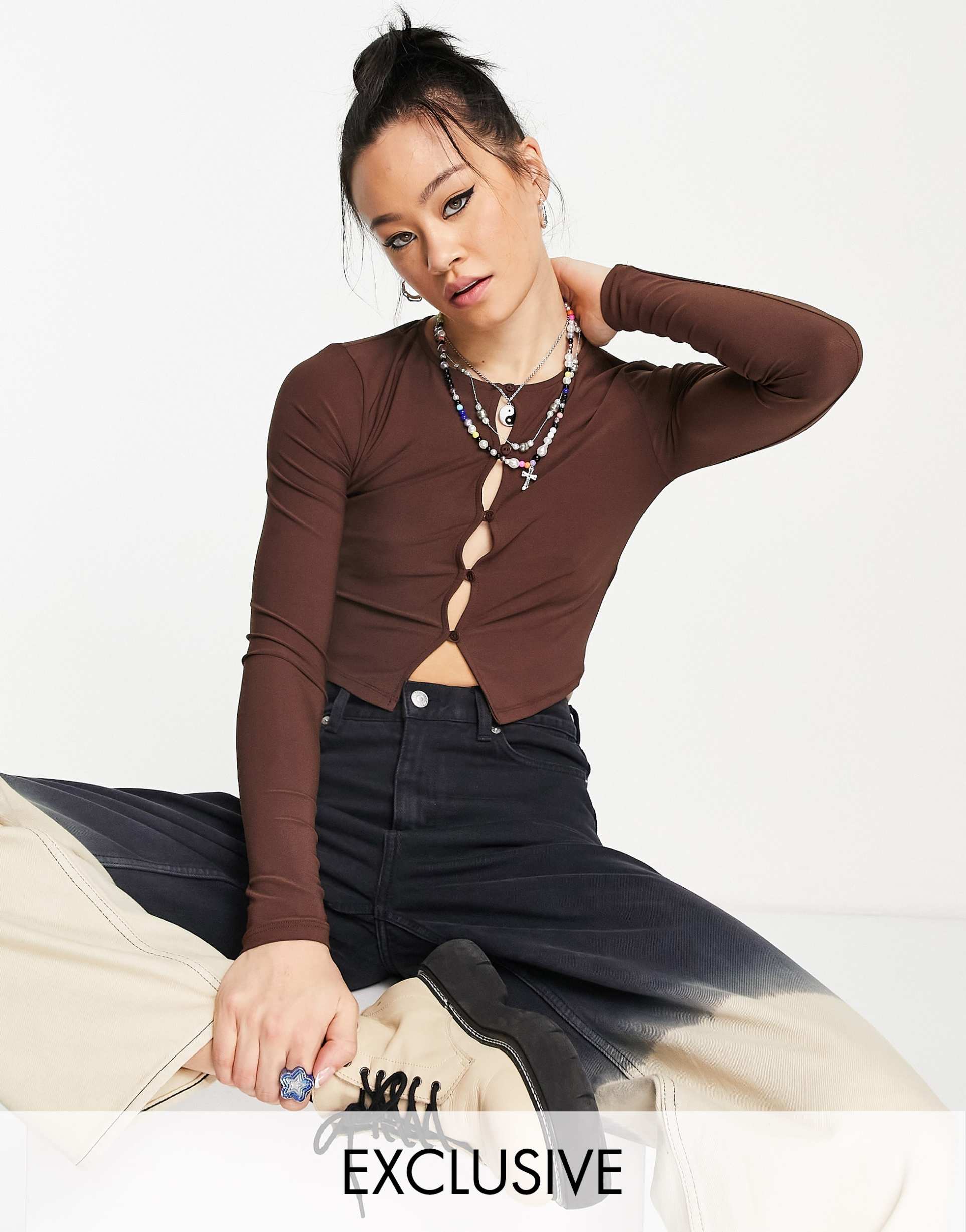 bershka button down crop top in chocolate brown