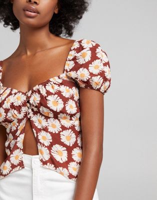 Bershka button down milkmaid blouse in brown floral